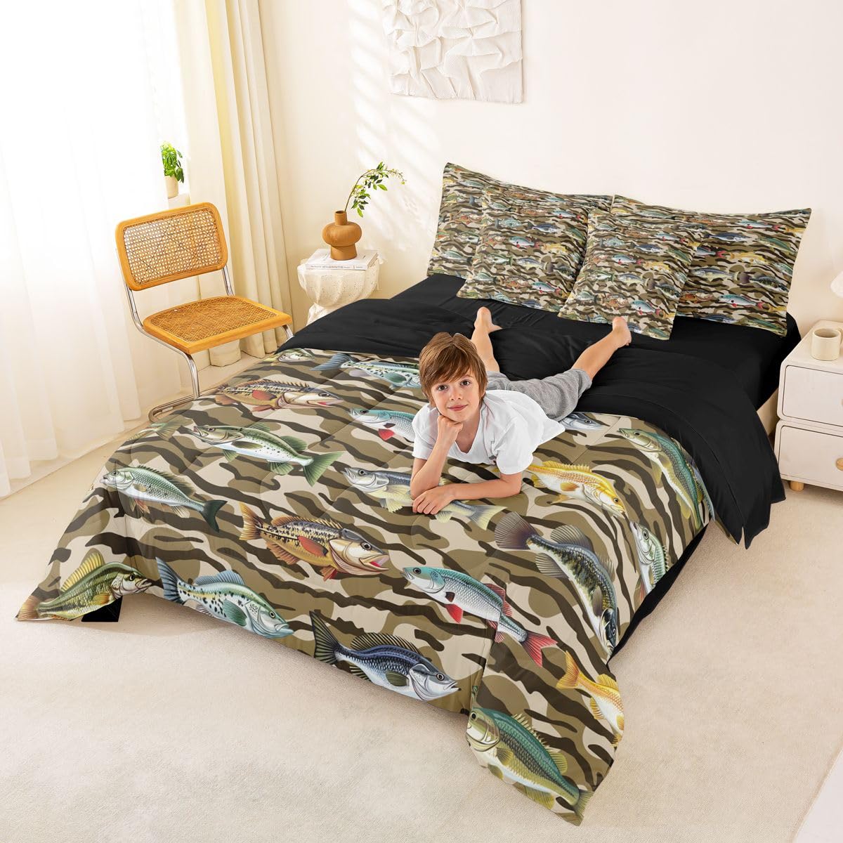 Kids Camo Pike Fish 7-Piece Bed in a Bag Full for Boy Teens Adults | Camo Hunting and Fishing Bedding Set Rural Camouflage Hunting Comforter Set with Sheets Rustic Cabin Country Farmhouse Duvet Insert