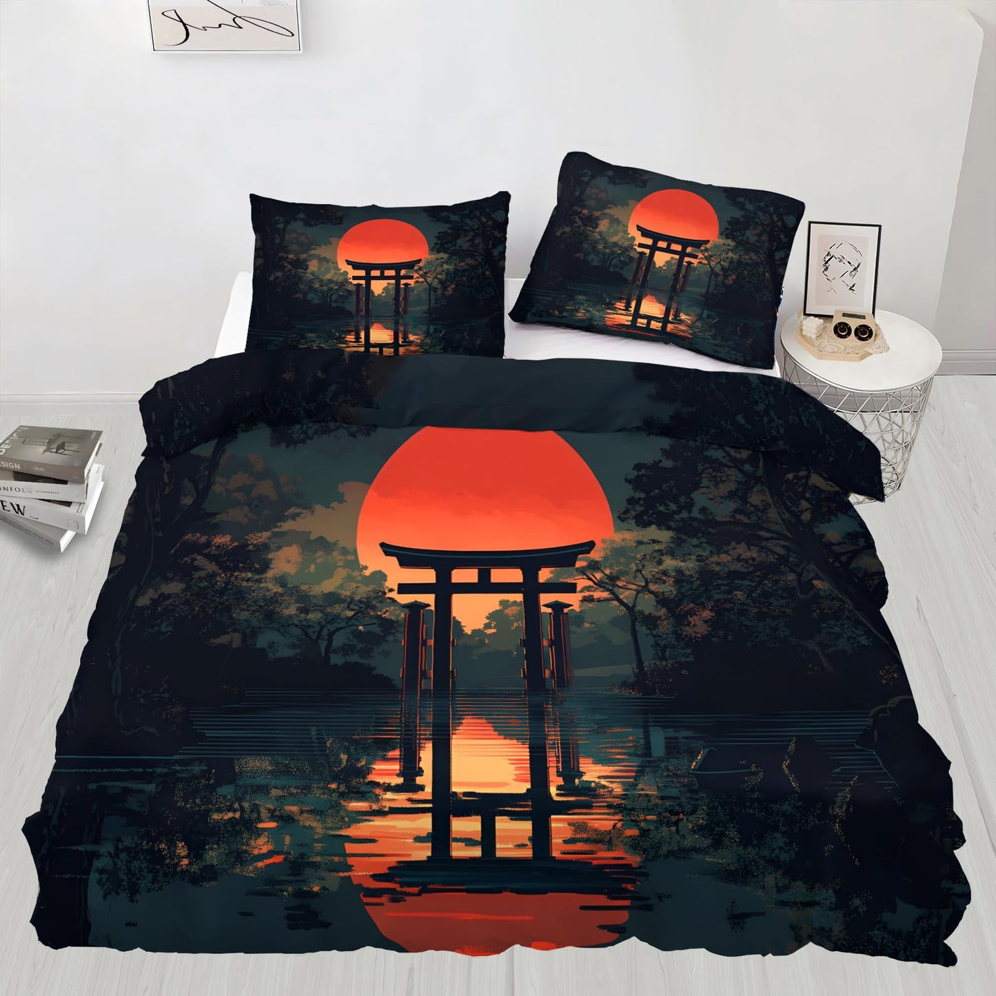 PAISUOQ Japanese Duvet Cover Queen Size, Traditional Torii Bedding Sets, 3 Piece, Soft Microfiber Patterned Comforter Cover with Zipper Ties & 2 Pillowcase, Natural Landscape Bedroom Decor & Gifts