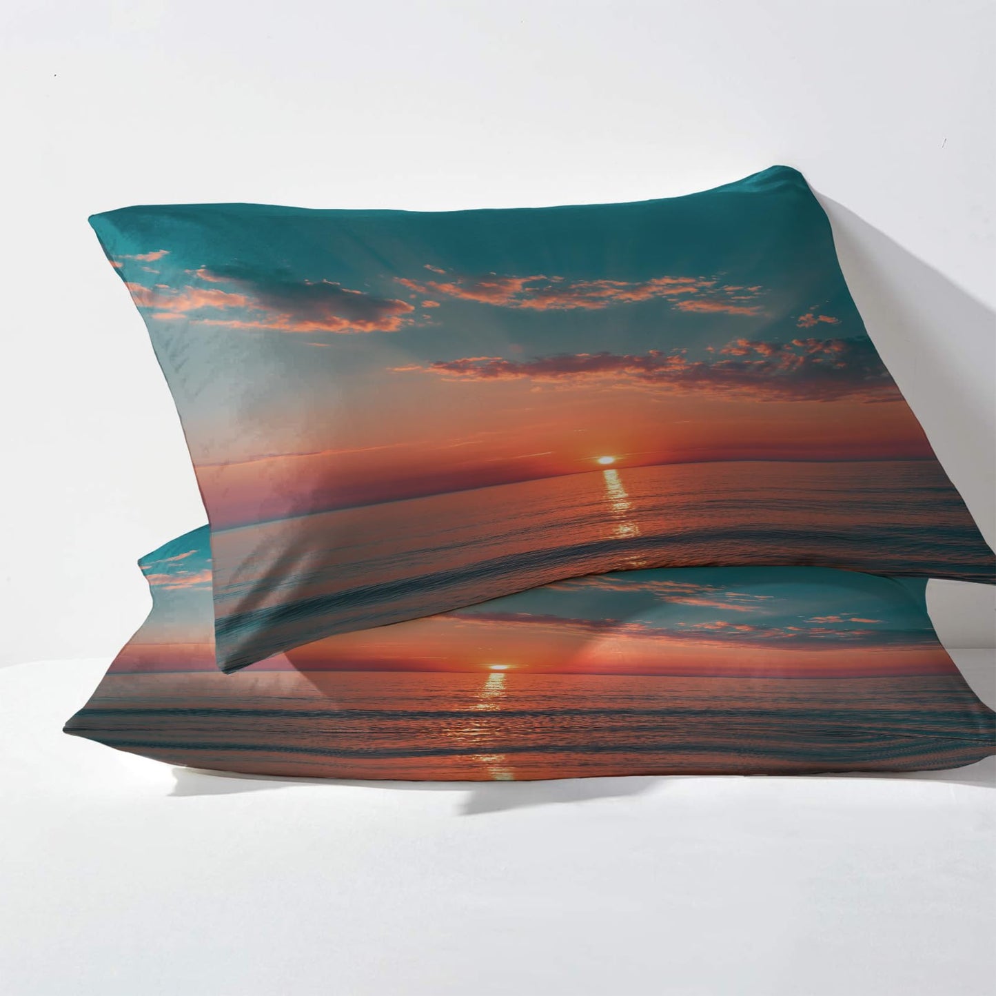 NOGAWA Sunset Sea Sheets King Size, Ocean Landscape Bed Sheets, Patterned Bedding Sheets & Pillowcases 4 Piece Set - Soft Microfiber Deep Pocket Fitted Sheet & Flat Sheet & 2 Pillow Cases
