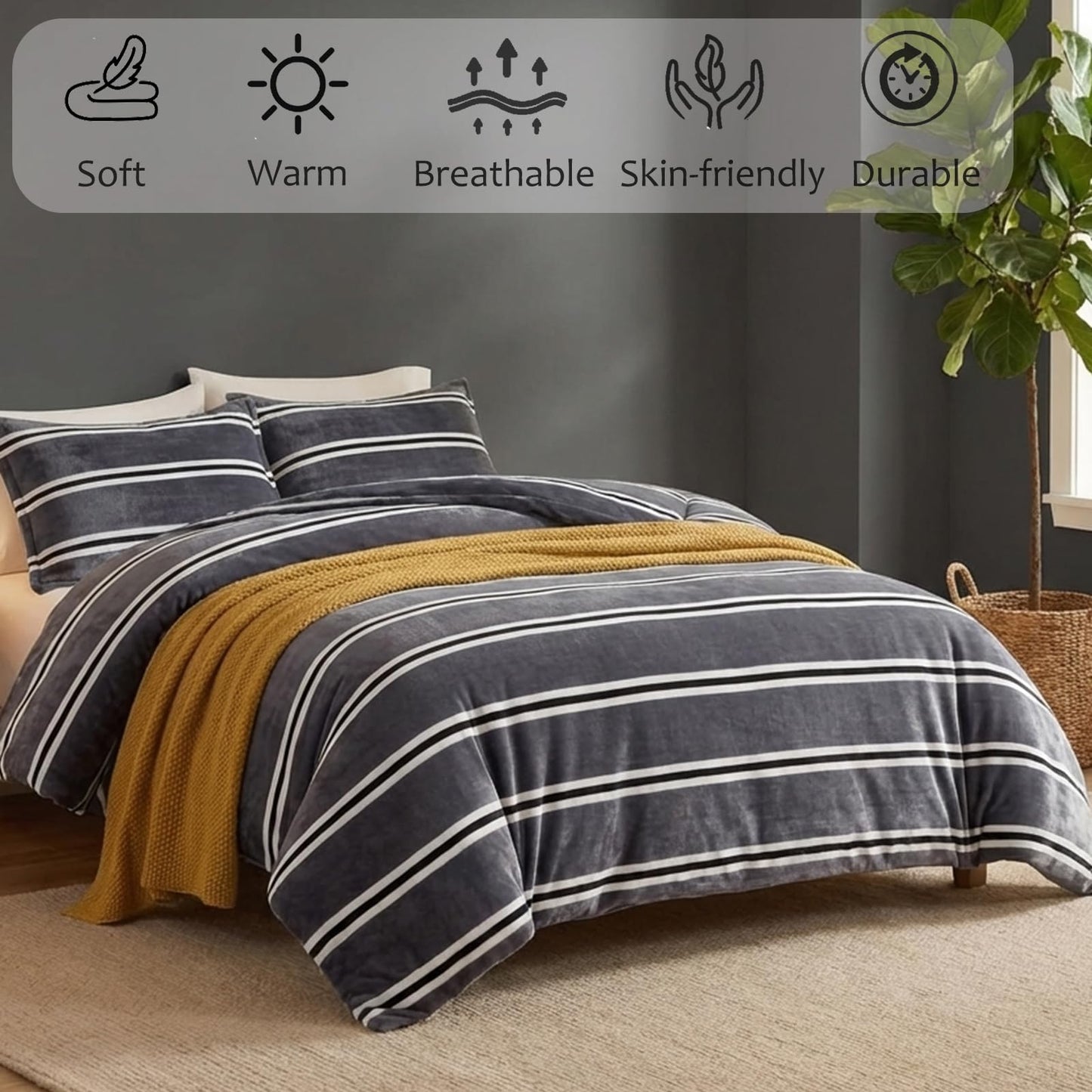 Bedbay Grey Striped Bedding Comforter Set King Size Luxury Velvet Fleece Comforter Set 3 Pcs Fluffy Plush Flannel Bedding Set Cozy Reversible Fleece Soft Warm Shaggy Faux Fur Bed Set All Season