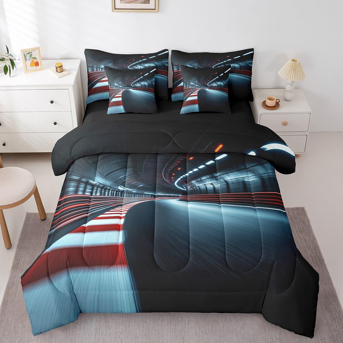 jejeloiu Speed Sports Bed Set Tunnel 7 Pieces Bedding Set for Kids Racing Track Bed in a Bag with Comforter, Sheets, Pillowcases Ultra Soft Extreme Sports All Season Breathable Lightweight Twin Size