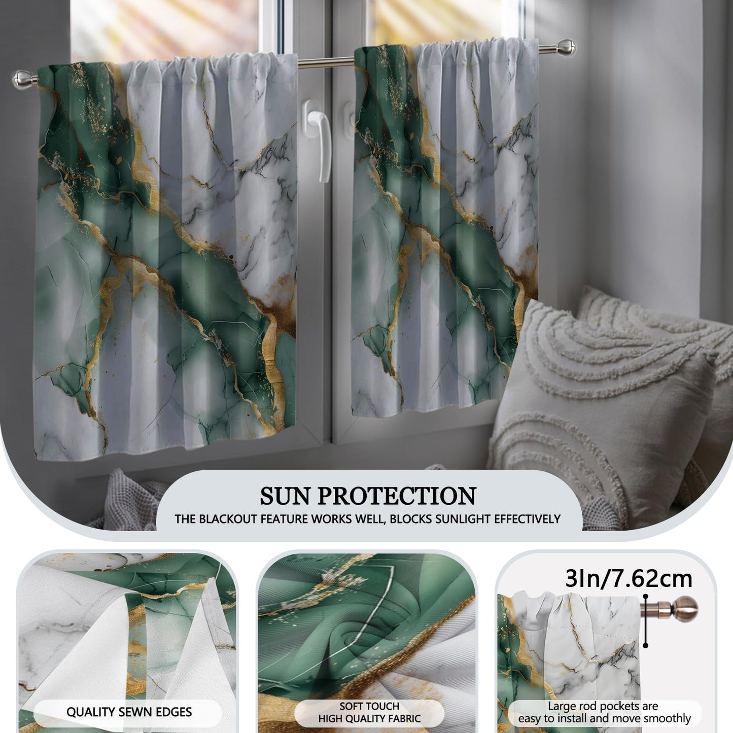 KINUUIS Green Marble Blackout Kitchen Window Tier Curtains and Valance Set, 52 x 36 Inch Abstract Art Window Curtains Set with Rod Pocket for Small Windows, Living Room or Bathroom