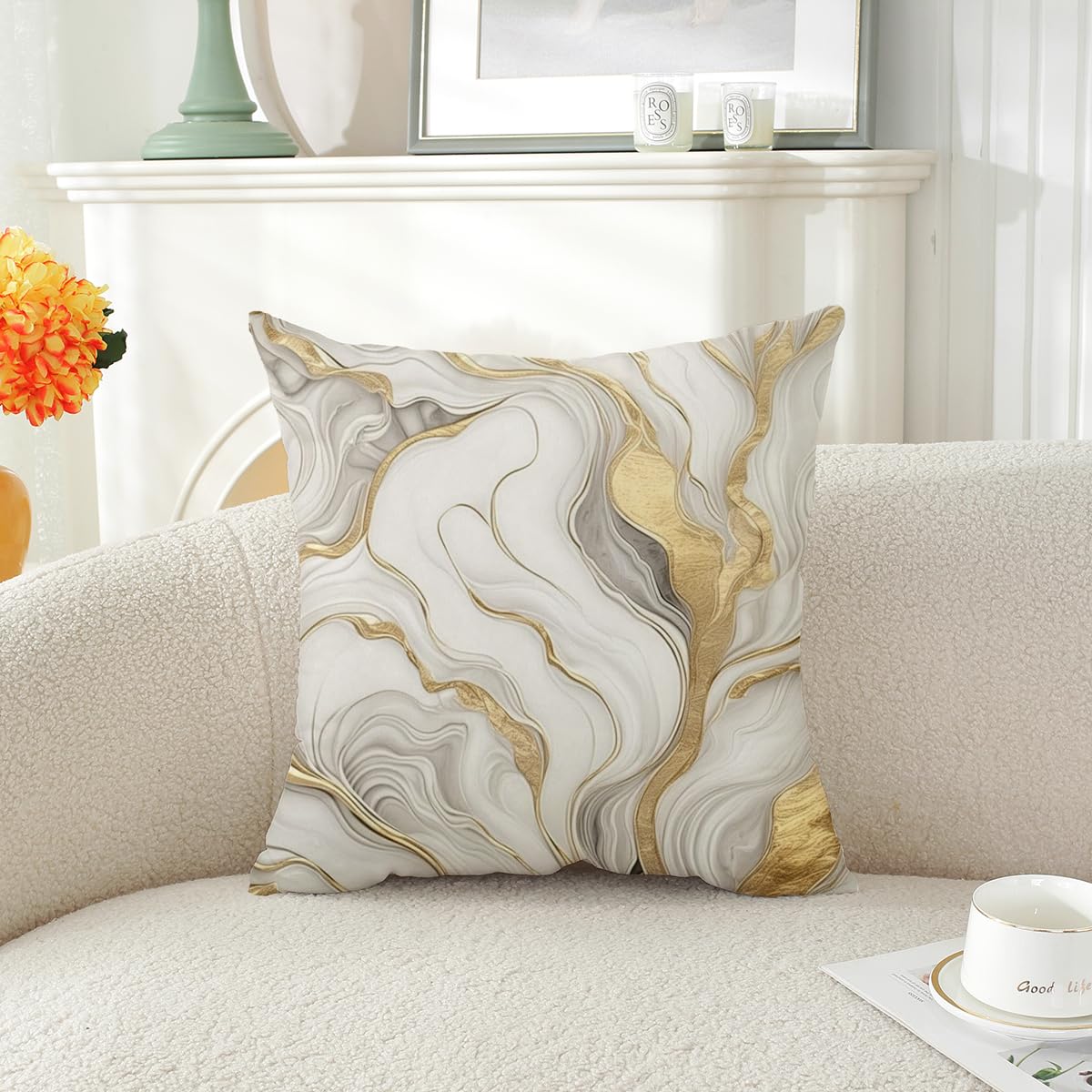 ZHLF Pack of 4,Gray Marble Throw Pillow Covers 18x18 Inch Two-Sided Grey Gold Abstract Art Modern Decorative Pillows Case Soft Cushion Covers for Couch Sofa Bed Home Living Room Décor