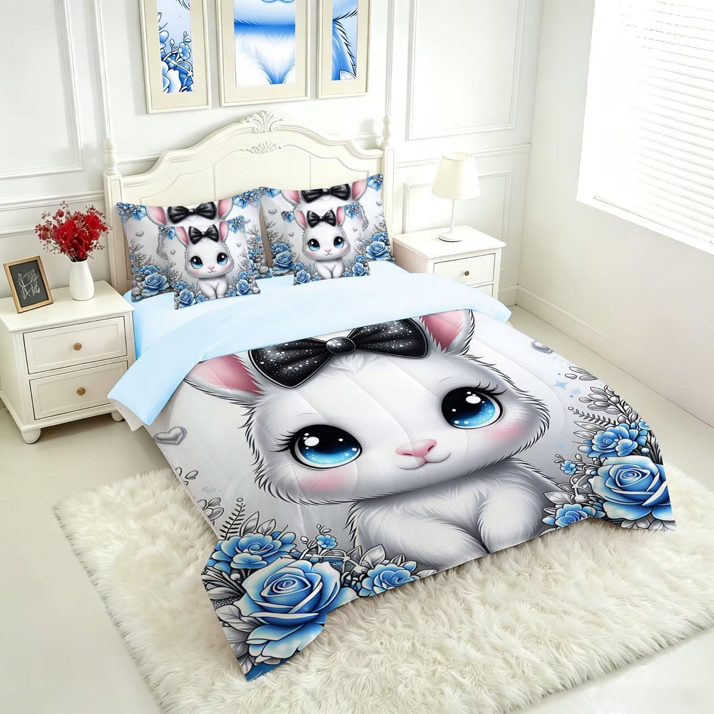 FUYEUN Rabbit King Comforter Set with Sheets for Kids Boys Girls Print 7 Pieces Cute Bedding Set Blue Cartoon Animal Bed in a Bag Princess Room Decor