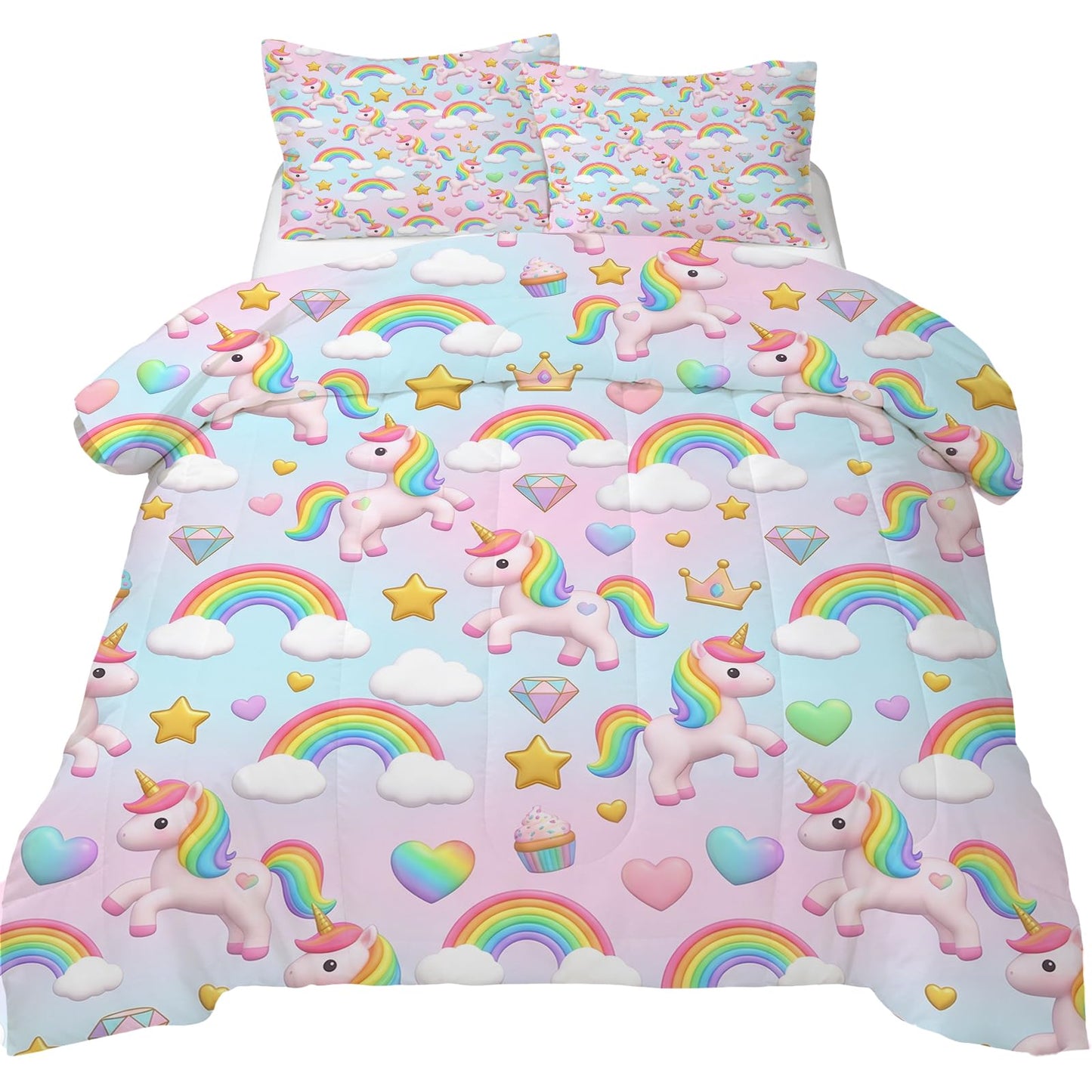 DJNEAR Kids Twin Comforter Sets for Girls, Cute Rainbow Unicorn Printed Kids Bedding Set, Cartoon Fantasy Room Decor for Girls, Lightweight Breathable All Season 1 Comforter 1 Pillowcase