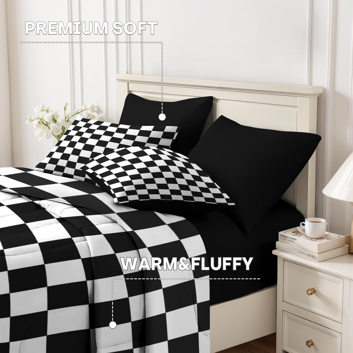 Nesker Comforter Set King Size, Black and White Plaid Geometry 7 Pcs Bedding for Kids and Adults, Checkerboard Grid Black Bed Sheet Sets with Fitted Sheet 2 Pillowcases & 2 Shams