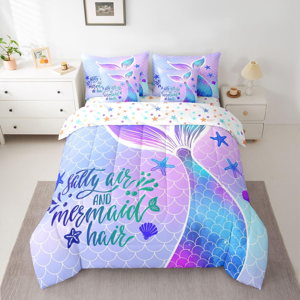 Mermaid Tail Queen Comforter Set with Sheets | Kids Fish Scales 7 Piece Bedding Set Girly Shell Starfish Ocean Life Sea Animal Bed in a Bag, Pastel Teal Purple Blue Kawaii Princess Room Decor