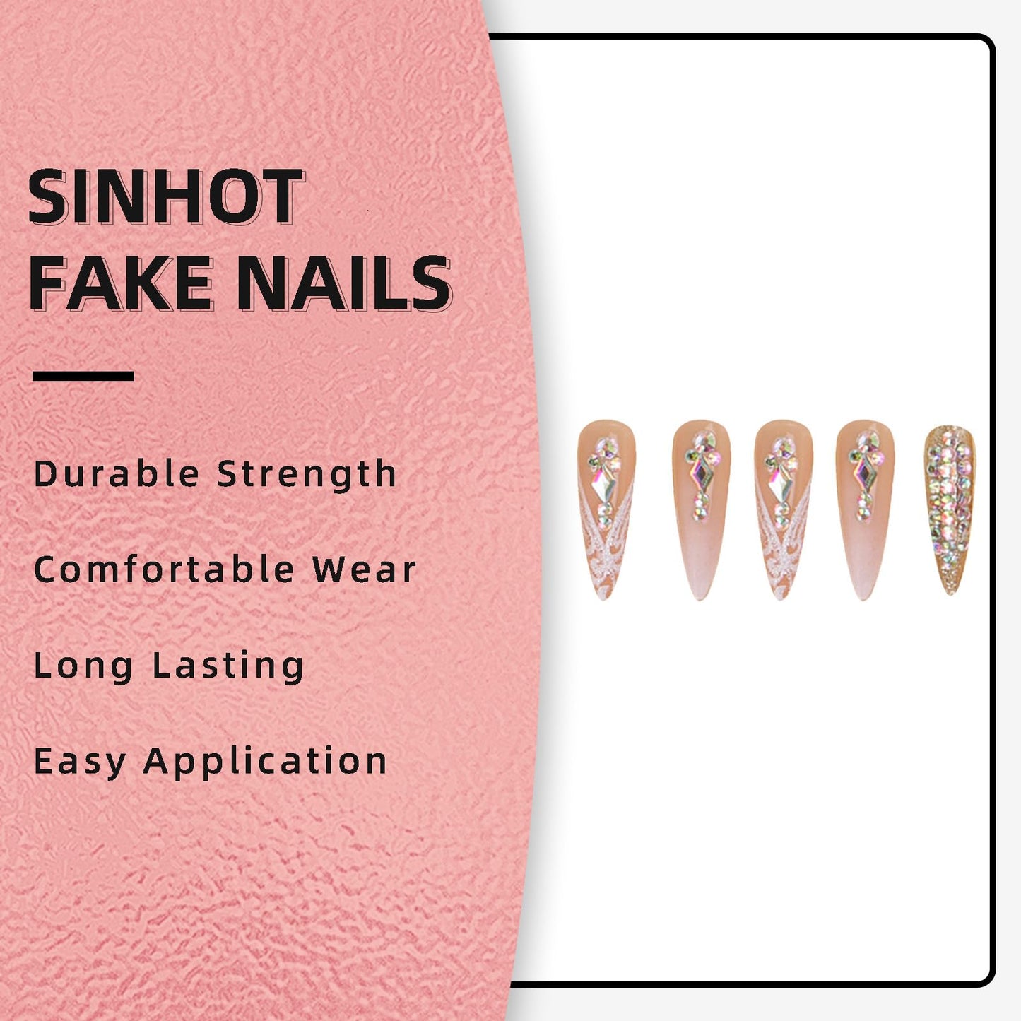 SINHOT Stiletto Press on Nails Long Fake Nails Glossy Glue on Nails Luxury Rhinestones Acrylic Nail White Bling Glitter Almond Artificial Nail Stick on False Nail with Design 24pcs
