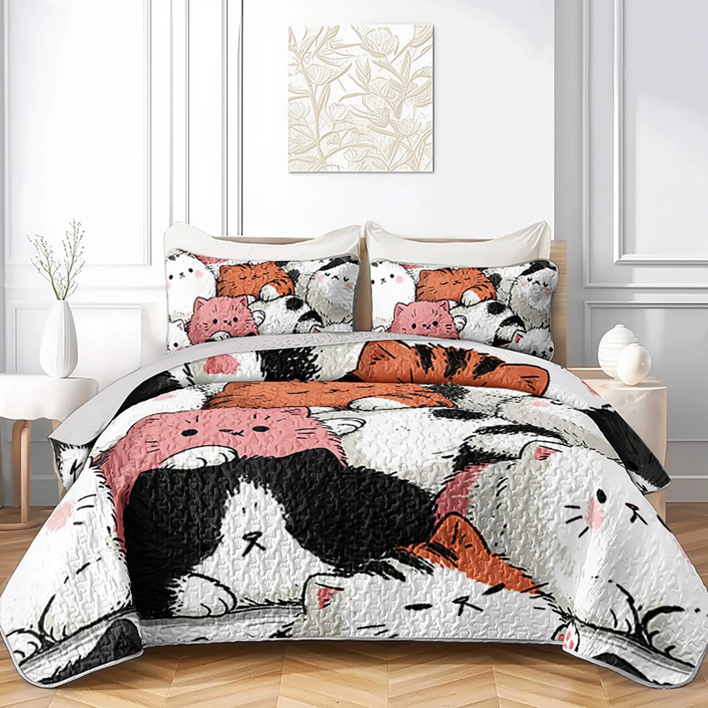 AILONEN Full Quilted Comforter Set 3 Piece, Whimsical Lazy Kitten Bedspread Coverlet 2 Pillowcases, Soft Artistic Feline Bedding Teens Apartment Cozy Chubby Cat Animal Print Multi