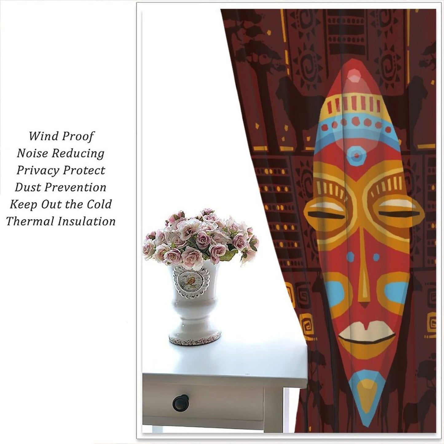 African Curtains for Kitchen Boho Retro Rural Tropical African Continent Primitive People Indigenous Cultural Totem Print Windows Treatments for Boys Girls Bedroom Living Room 42x44.5In（No Blackout）