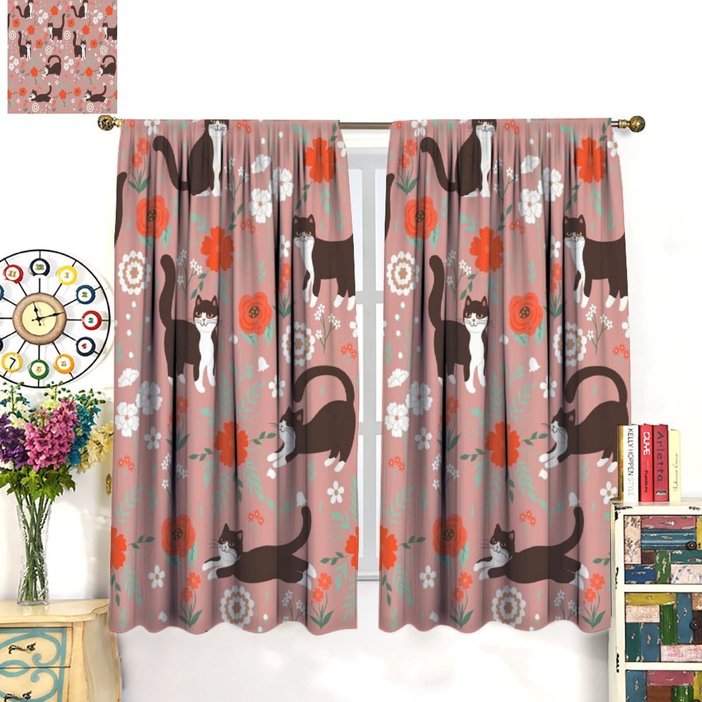 JADERYS Cat Blackout Curtains Cartoon Cute Pet Animal Red White Flowers Kids Girls Women Bedroom Living Room Bathroom Blackout Rod Pocket Decoration Window Drapes 2 Panels W21xL45in