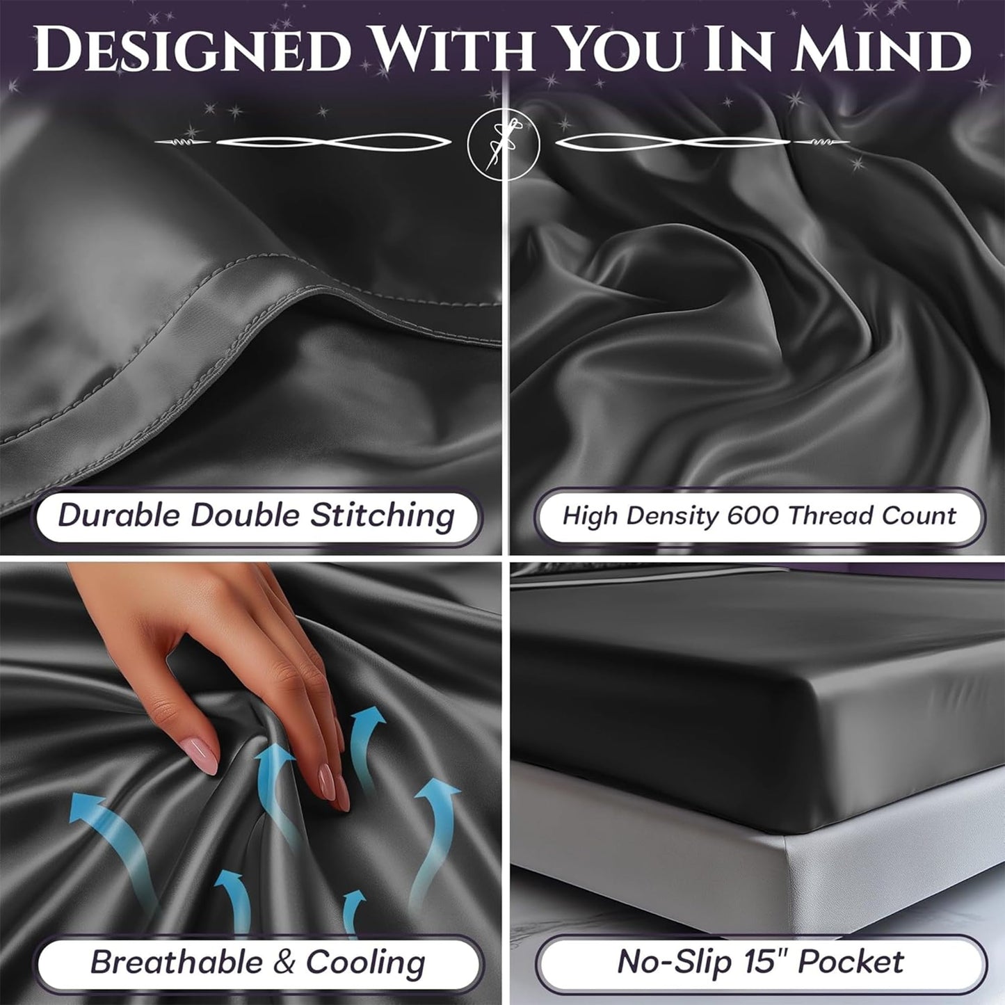 SLEEP SANCTUARY Satin Sheets Queen Size – 4 Piece Luxury Silky Bed Set, Softer Than Silk, 15" Deep Pocket, Cooling & Wrinkle-Free, Moisture-Wicking & Breathable for Hair & Skin (Stone Grey)