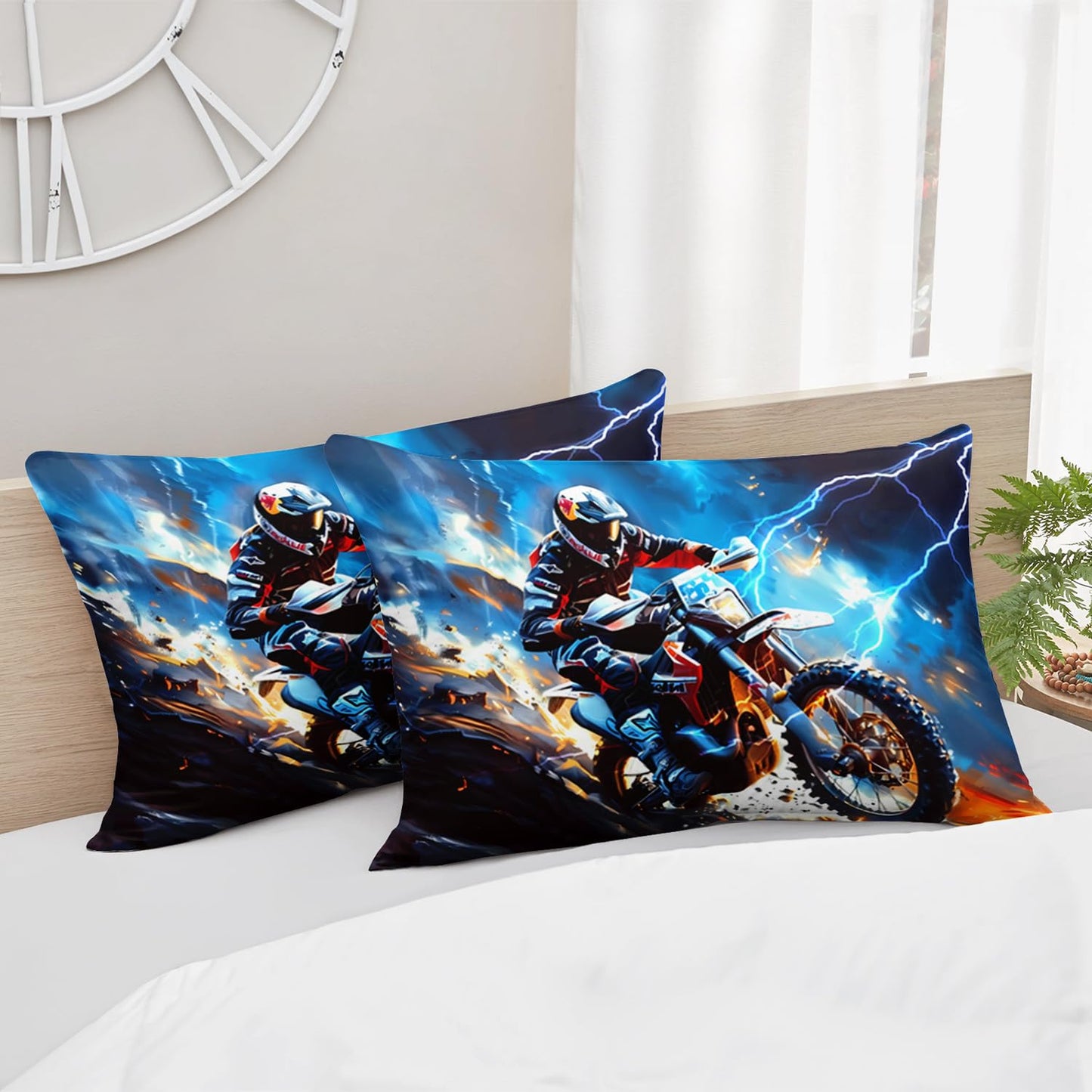 HOSIMA Dirt Bike Twin Bedding Sets for Boys Room Decor,Motocross Rider Print Fitted Sheet,Blue Lightning Pattern Motorbike Extreme Sport Bedding for Kids Teens,1 Fitted Sheet+2 Pillowcases.