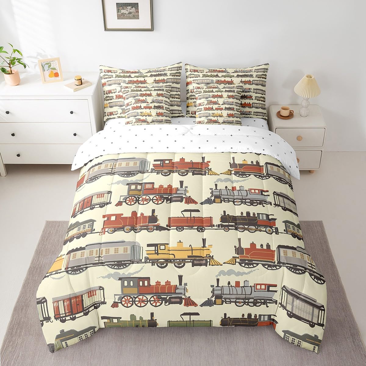 7 Pieces Twin Size Cartoon Train Comforter Set,Retro Steam Locomotive Train Bedding Set for Boys Girls,Transport Vehicle Yellow boho (Comforter+Fitted+Flat Sheet+2 Pillowcases+2 Throw Pillow Covers)