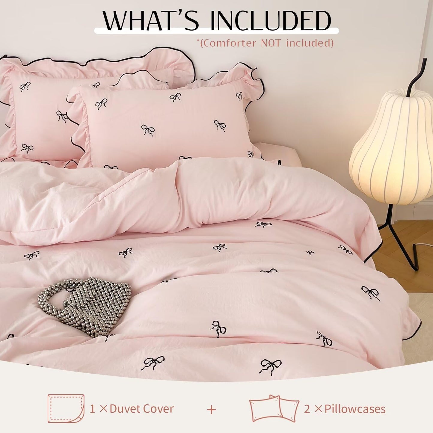 AMZTOP Cute Pink Duvet Cover Set Queen Size 3 Pcs with Bow,1 Duvet Cover with 2 Pillowcases,Washed Coquette Queen Bedding Set for Teen Girls,Zipper Ruffles Quilt Covers 90"×90"