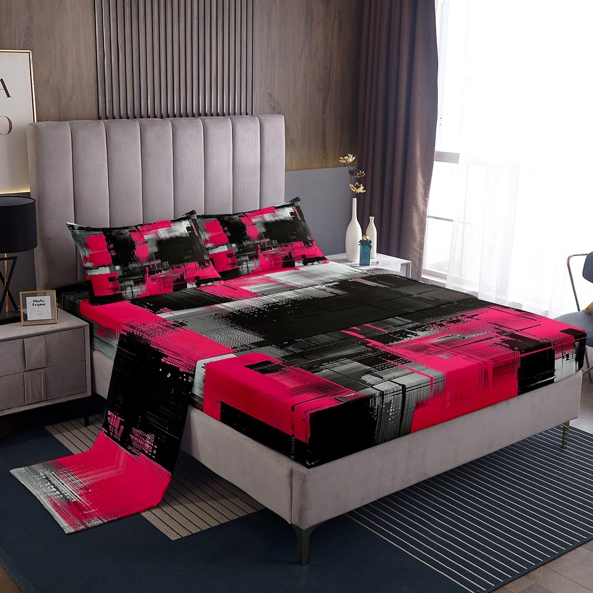 jejeloiu Abstract Bed Sheets Set Twin Size Black and Pink Bed Set Art Aesthetic Deep Pocket Fitted Sheet Geometric Breathable Soft Lightweight Microfiber