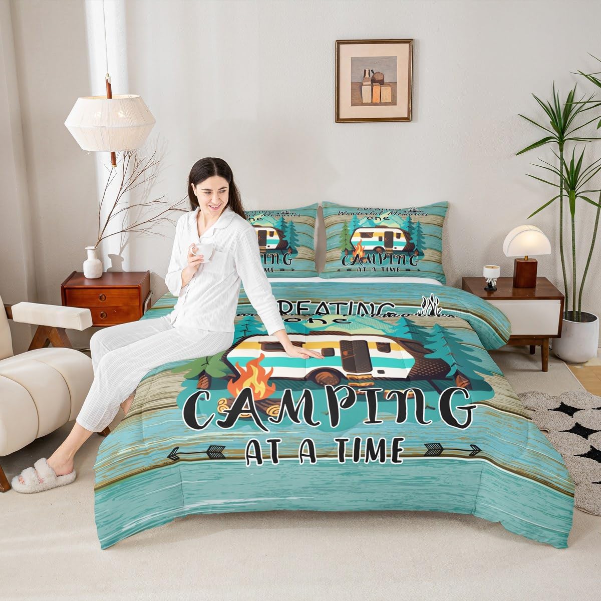 Erosebridal Rv Camper Comforter Set for Kids Boys Girls Happy Camping Life Bedding Farmhouse Wooden Style Duvet Set Travel Trailers Comforter King with 2 Pillowcases