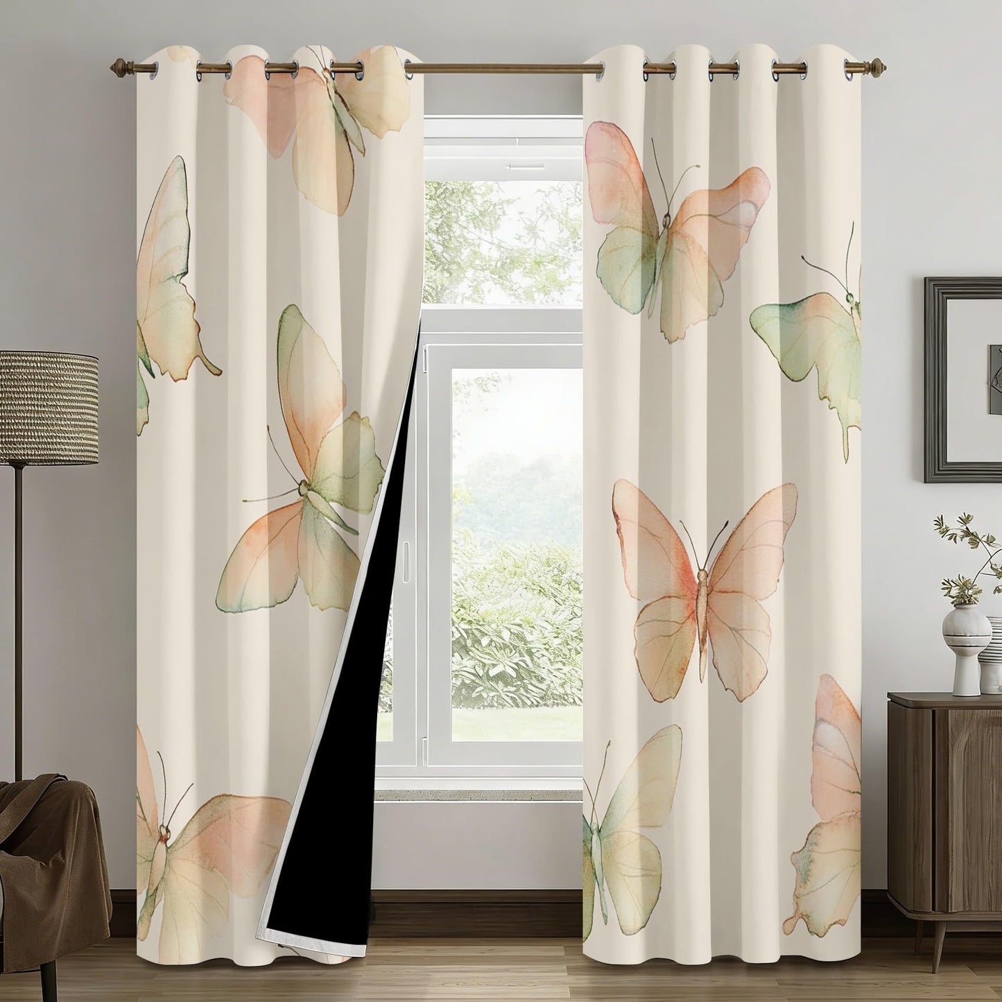 Dreamy Butterfly Curtains for Living Room, Thermal Insulated Pastel Butterfly Blackout Curtains 63 Inches Long, Grommet Drapes Window, Girls Insect Bedroom Decor, 2 Panels H2d-63