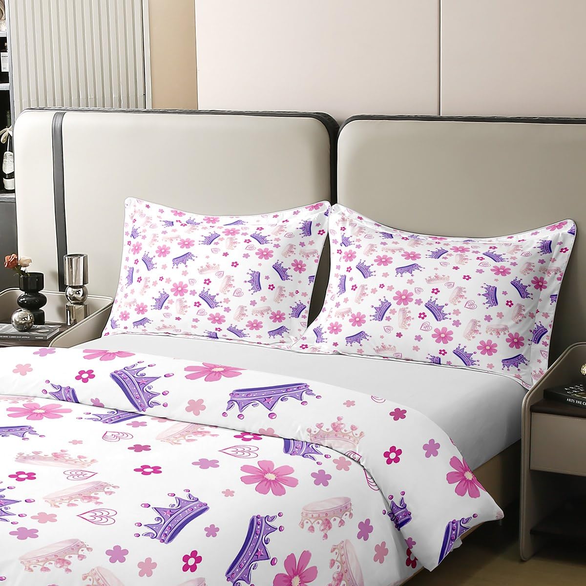 Manfei Princess 100% Cotton Duvet Cover Set Twin Size, Pink Purple Crown Print Bedding Set 2pcs, Cute Flower Girly Cartoon Quilt Cover, Kids Girls Room Decor, 1 Pillowcase,No Comforter