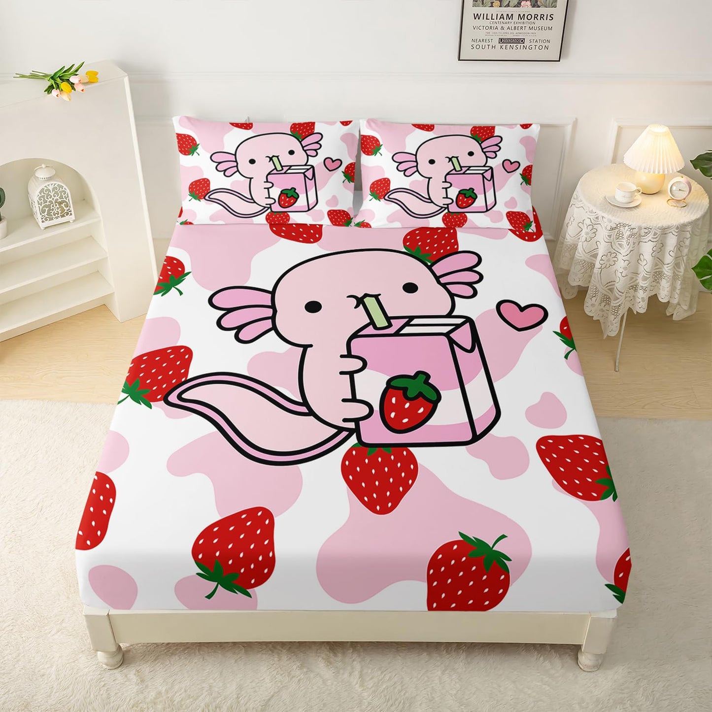 QOOMO Cartoon Axolotl Bedding for Boys and Girls Pink Cow Print Kids Sheets Set Strawberry Milk Breathable Room Decoration Twin Size 1 Fitted Sheet, 1 Flat Sheet, 2 Pillow Cases