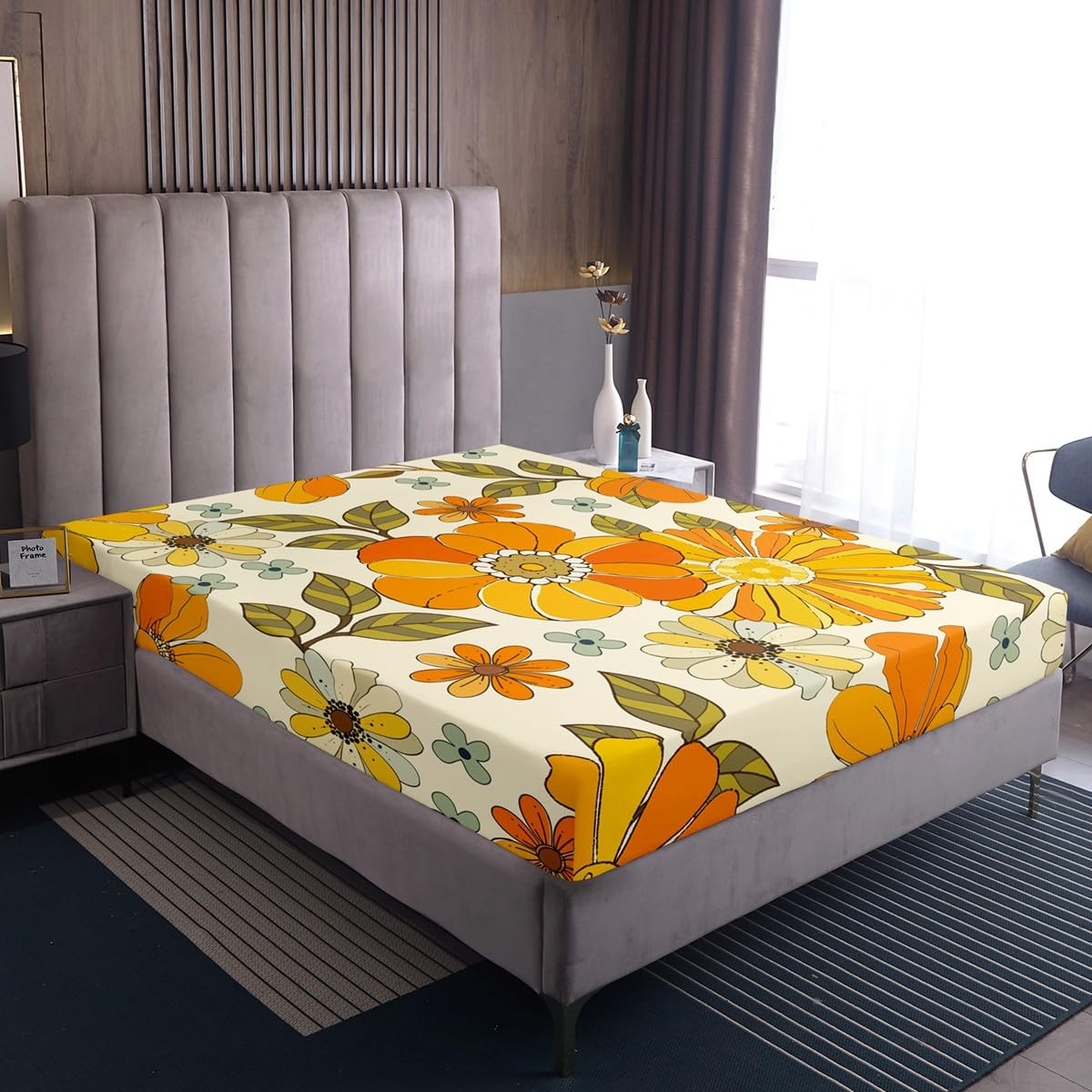 Castle Fairy Retro Flowers Full Fitted Sheet 4pcs,Watercolor Yellow Floral Green Leaves Plant Bed Sheet Set for Girls Teens Bedroom,70s Trippy Daisy Polyester Bedding Set with 1 Flat + 2 Pillowcases