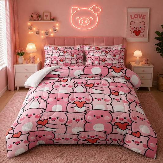 Pink Pig Comforter Set Twin，Kawaii Pink Cute Animals Bedding Set for Kids Boys Girls Teens Room Decor Kawaii Animals Comforter Set Farmhouse Wildlife Theme Bedroom Living Room Decor，All Season