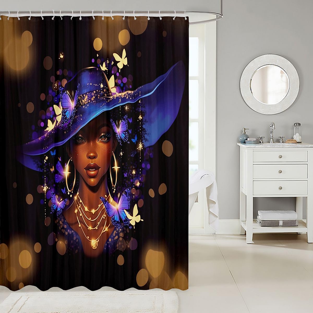 Erosebridal Black Girls Magic Shower Curtain Blue Witch Hat Bath Curtain Women Teen Vibrant Butterfly Bathroom Accessories Stylish Luxury Gold Art Fabric Shower Curtains 72" Wx72 L