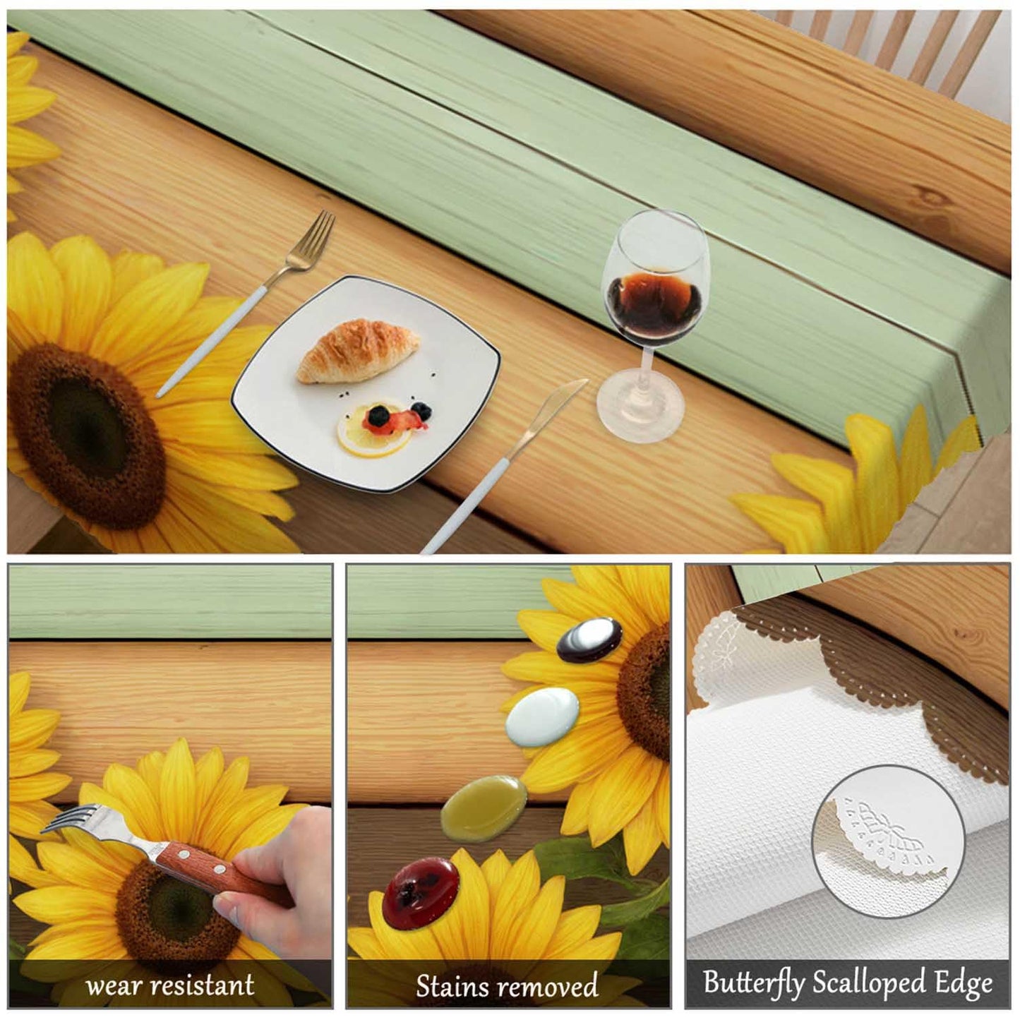 Swono Rectangle Tablecloth Sunflower Table Cover 52x70 Inch Retro Sunflowers On Wooden Board Table Cloth for Rectangle Tables Decorative Tablecloth for Dining Party Camping BBQ