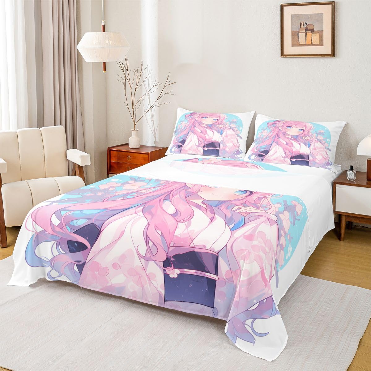 Erosebridal Girls Bed Sheets Set Japanese Style Sheet Set Twin, 3D Anime Girl Sheets Cartoon Kawaii Kimono Girl Top Fitted Sheet Romantic Gifts for Her (1 Top Sheet 1 Fitted Sheet 1 Pillow Case)