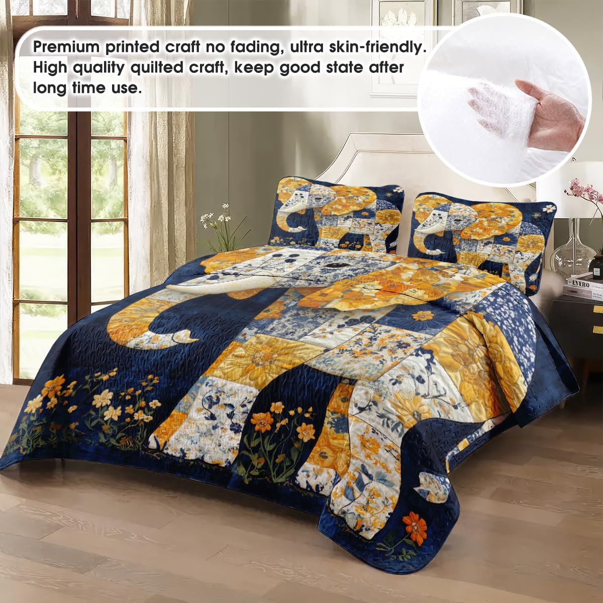 Jeminise Elephant Quilt Set, Animal Patchwork Printed Quilt Bedset, Patchwork Style Quilts Twin Full Queen Size Elephant Pattern Blanket Bedspread, Elephants Bed Set Bedding Gift