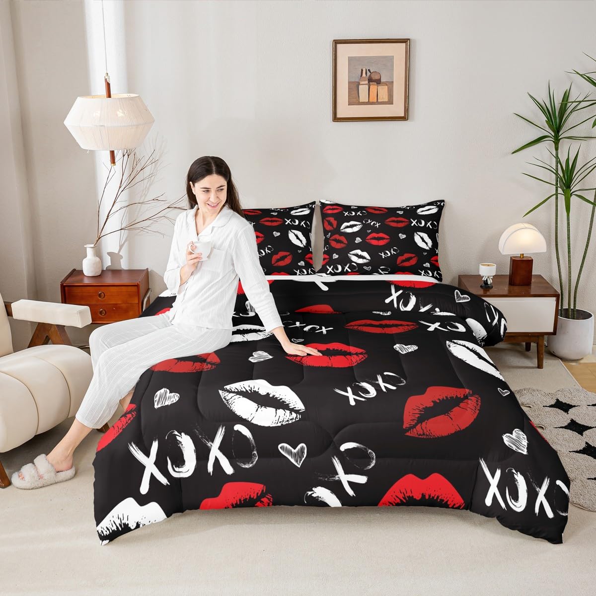 Feelyou Kiss Comforter Set Queen Size Soft Feminine Red Lips Bedding Set with Pillow Case Decor Girls Women Sexy Mouth Comforter for All Season Boys