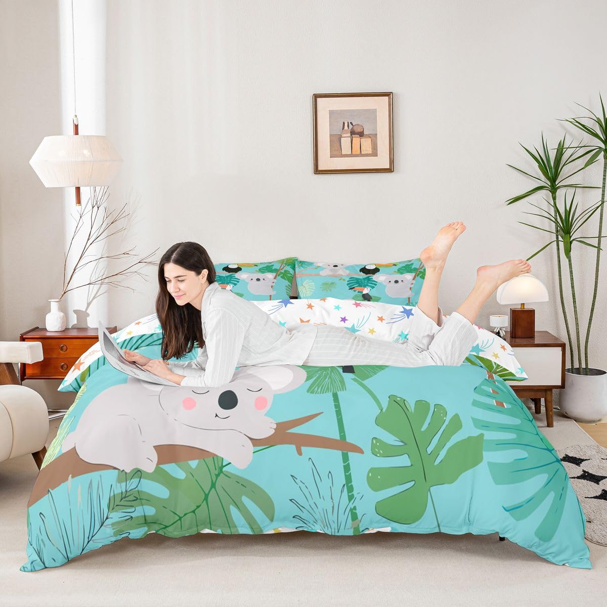 Kids Koala Duvet Cover Cute Animal Pattern Bedding Set Palm Leaf Comforter Cover for Boys Girls Children Room Decor Lightweight Cartoon Koala Printed Bedspread Cover Queen Size With 2 Pillow Case