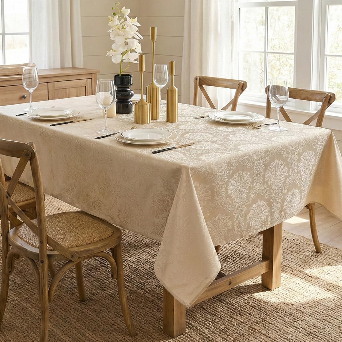 Romanvicky Damask Jacquard Rectangular Tablecloth, Champagne Gold Floral, Spill-Proof Stain Resistant Wrinkle Free Table Cover for Banquet Dining Holiday Party Decor, 52x70 Inch