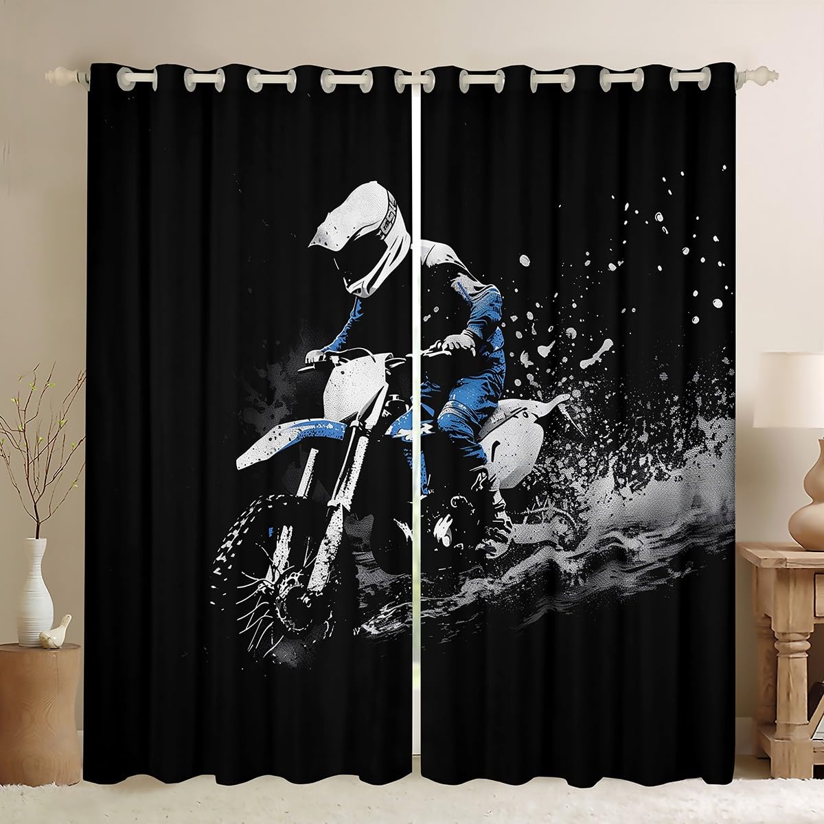 Feelyou Dirt Bike Curtains for Bedroom Living Room (2 Panels, 38 x 45 Inch) Racing Themed Room Blackout Curtain Racing Motocross Rider Blackout Curtains Motorcycle Window Treatments Motorbike