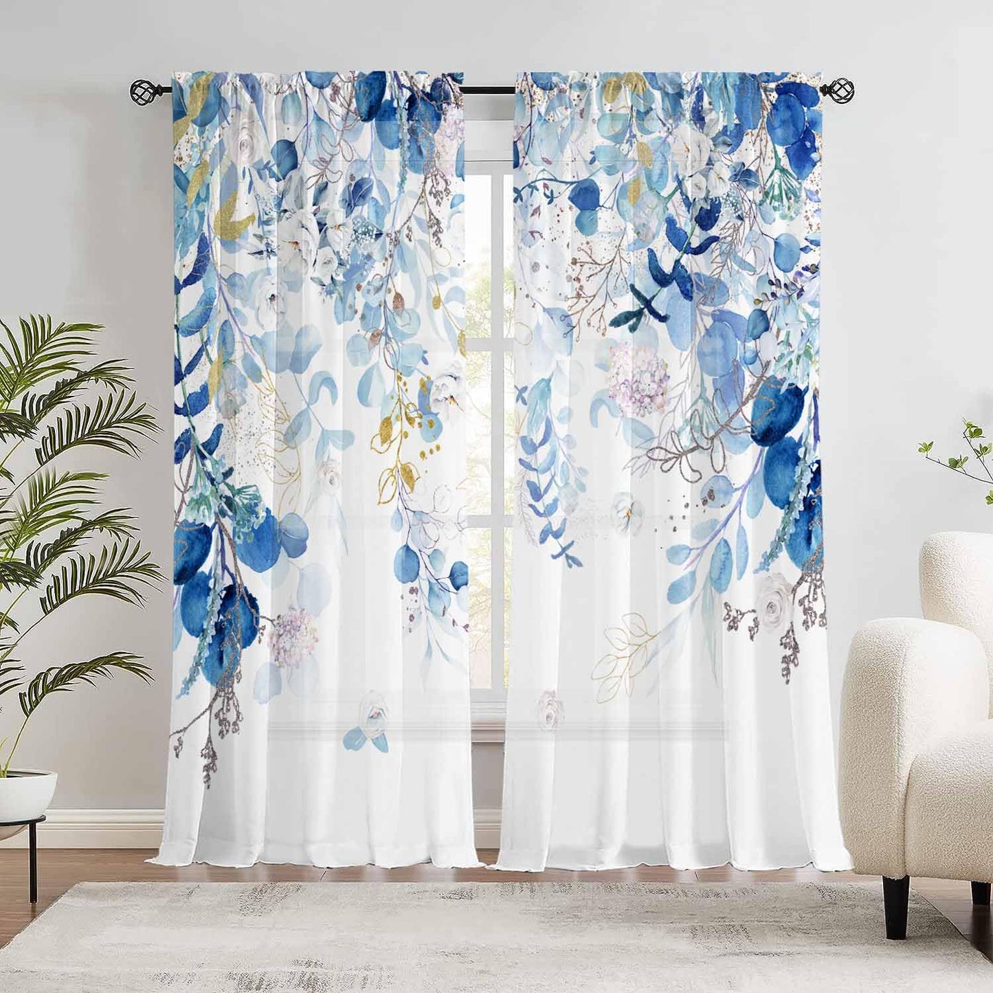 Blue Eucalyptus Curtains for Living Room 84" Length Watercolor Leaf Plant Spring Summer Blue and White Semi-Sheer Curtains for Bedroom Kitchen Windows,Botanical Nature Light Blue Gold Curtain, 2 Pack