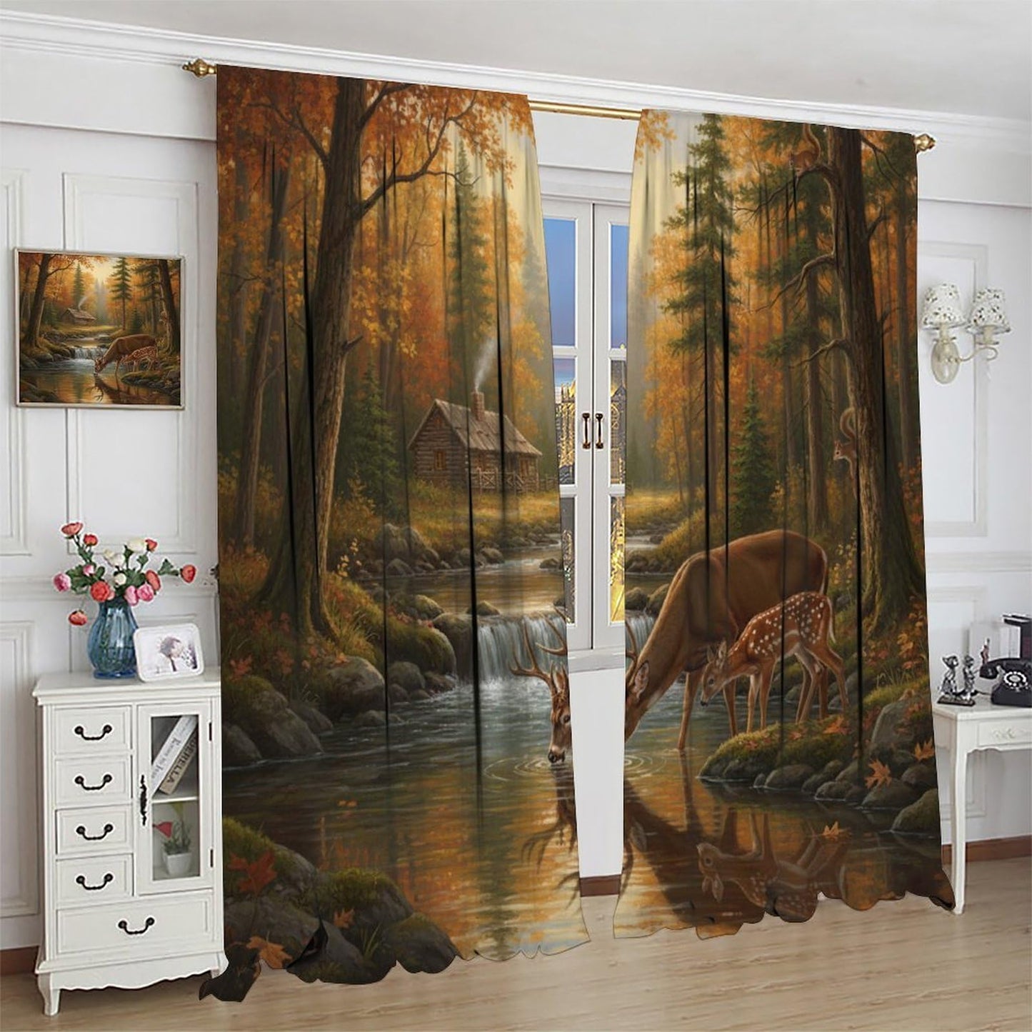 PHTAYOT Rustic Cabin Deer Curtains Farmhouse Country Farm Forest Wildlife Deer Pattern Decor Window Drapes for Bedroom Living Room,2 Panels Set,42x45 Inch