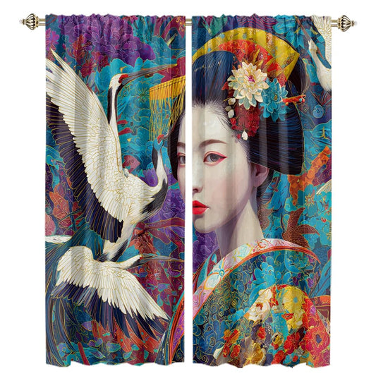XSUPFLYM Rustic Watercolor Asian Girl Blackout Curtain for Living Room Classic Vintage Japanese Realistic Geisha Animal Crane Thermal Insulated Curtain for Bedroom 2 Panels Each 21" W x 54" L