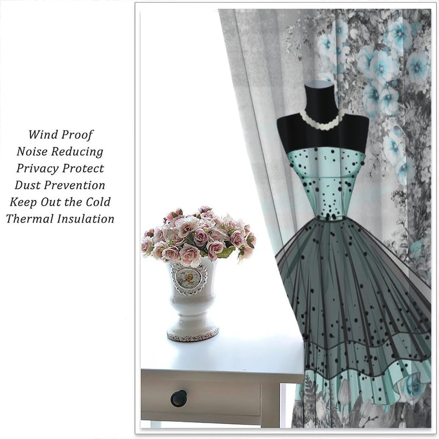 Nanacur Fashion Women Curtains, Dresses France Paris Floral Romantic Valentine's Day Perfume Eiffel Tower Window Drapes, for Bedroom Living Room 42" W X 45" L (Decorative)