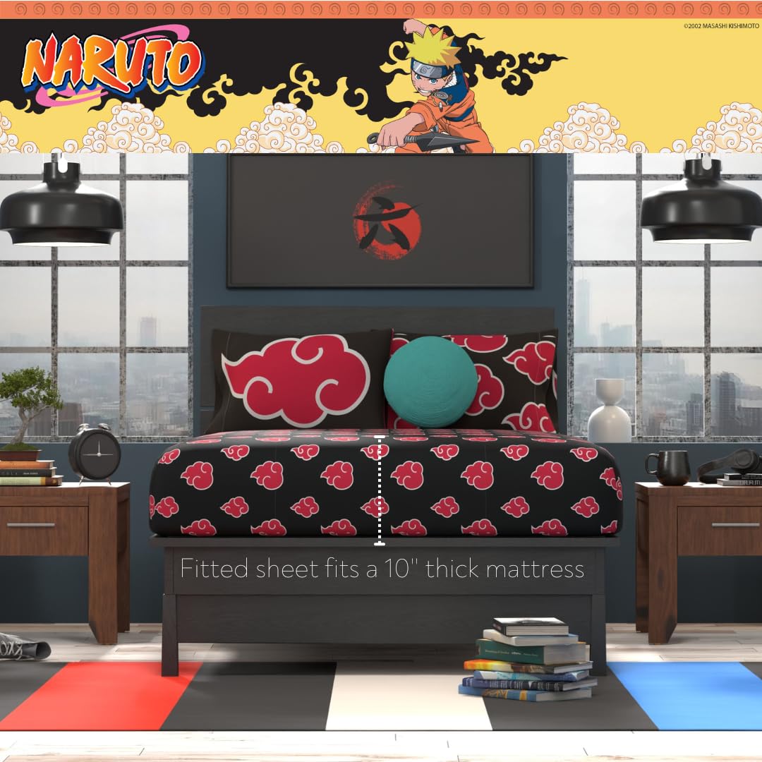 Collectibles Naruto Anime Akatsuki Bedding 7 Piece Super Soft Reversible Comforter and Sheet Set with Sham, Full, (Officially Licensed Product) By Franco