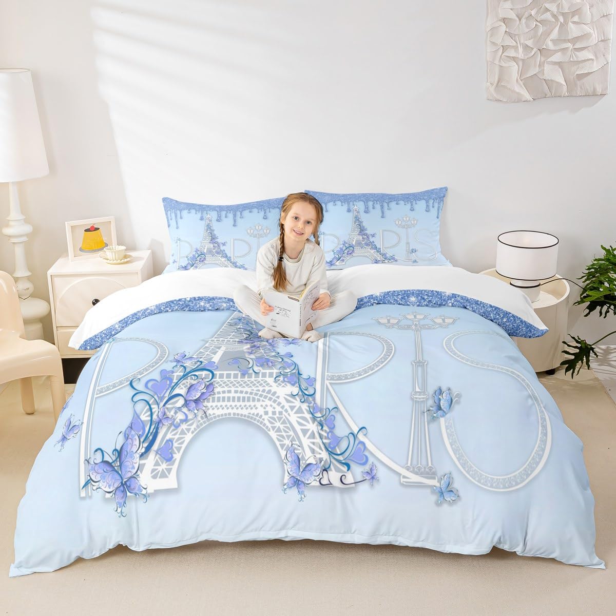 Eiffel Tower Bedding Set King Size,Paris Floral Duvet Cover 3pcs for Kids Girls Women Teen Room Decor,Blue White Gradient Glitter Comforter Cover Romantic Chic French Quilt Cover,2 Pillowcases