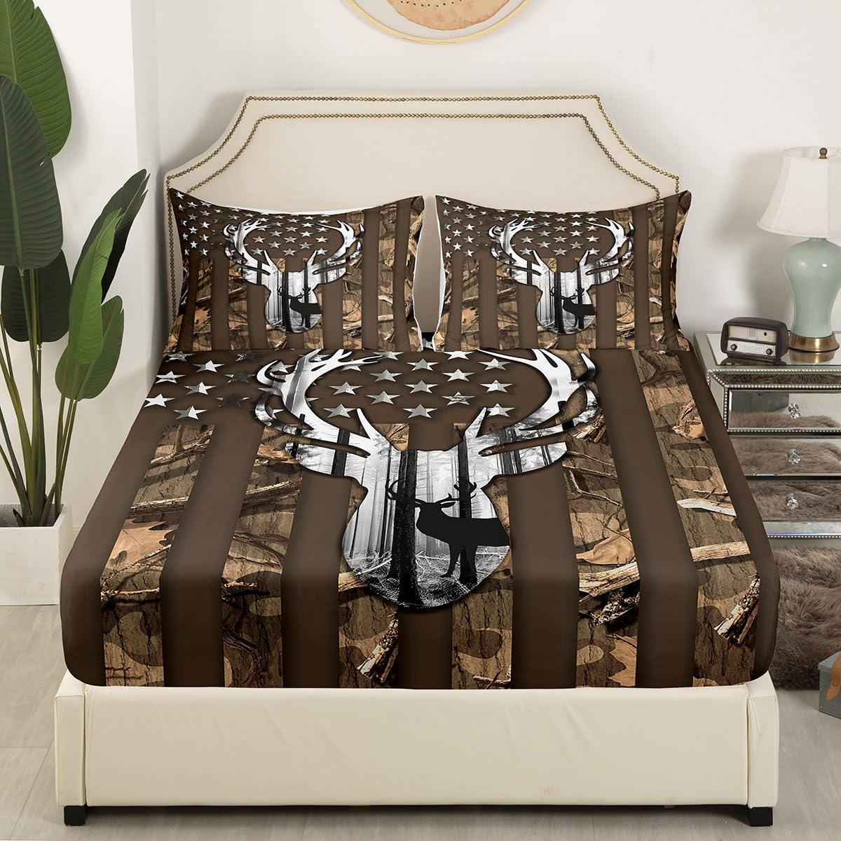 Camouflage USA Flag Fitted Sheet Set Full Size 4pcs,Brown Camo and Deer Antlers Trees Silhouette Bedding Set(1 Fitted,1 Flat,2 Pillowcases),American Flag Luxury Deep Pocket Bed Sheets for Girls Teen