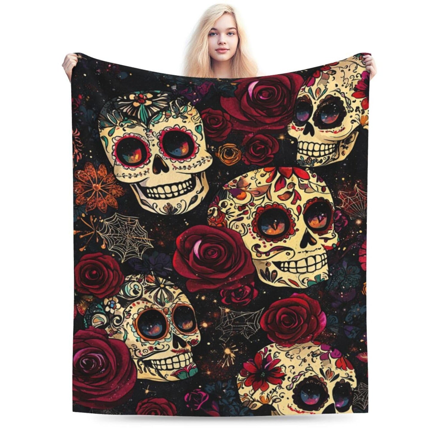 Skull Blanket Gothic Rose Flower Soft Flannel Blanket for Couch or Room Decor 60"x50"
