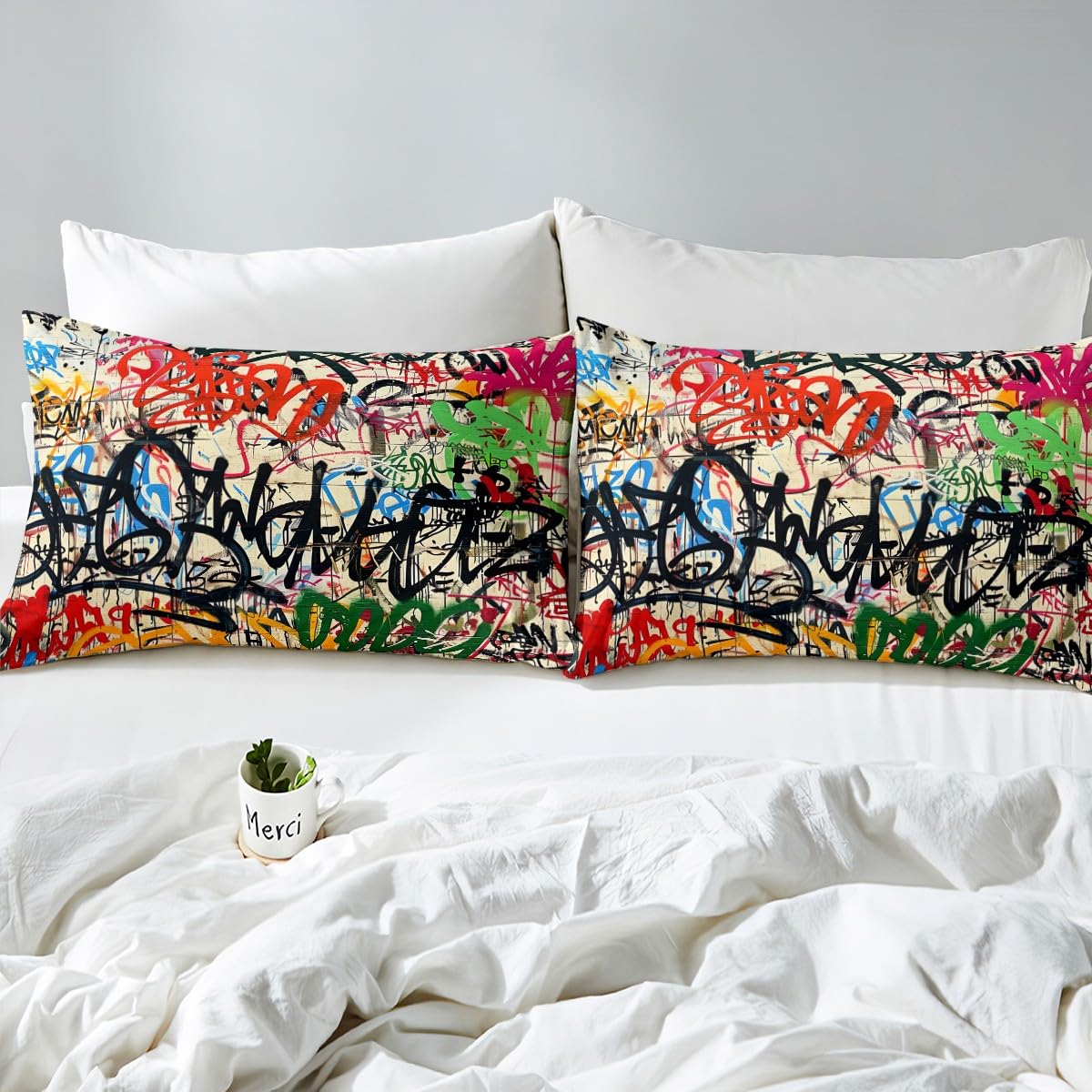 Manfei Graffiti Duvet Cover Set Street Art Hip Hop Bedding Set 3pcs for Kids Boys Girls Modern Fashion Design Comforter Cover Microfiber Bedspread Cover with 2 Pillow Cases(No Comforter) Queen Size
