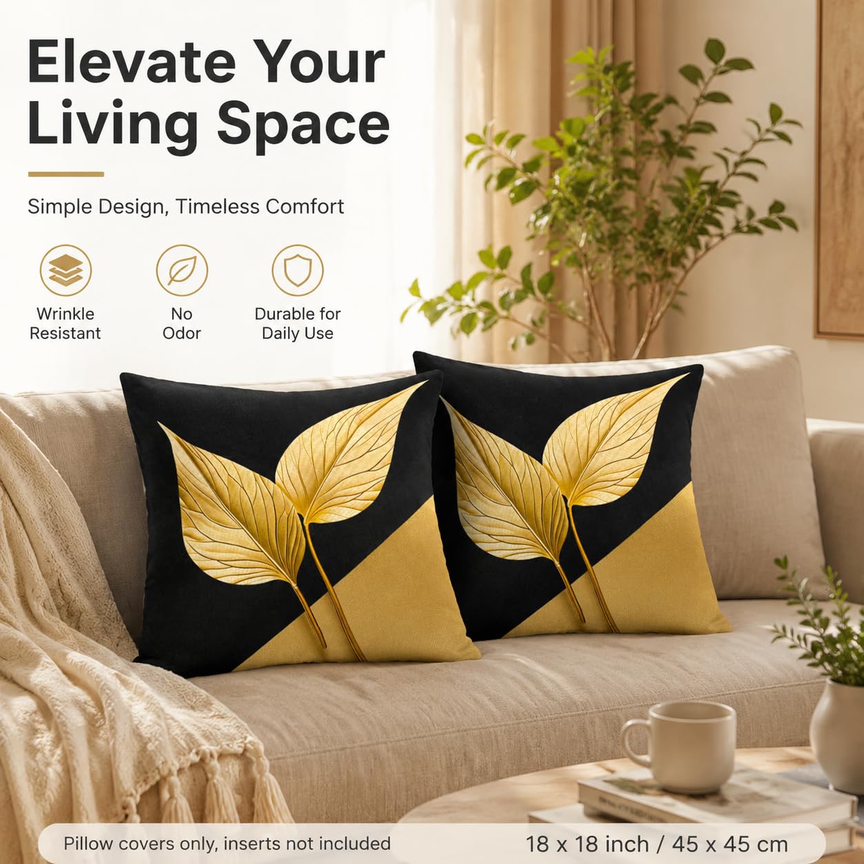 avpdupu Floral Pillow Covers 18x18 Inch Linen Set of 2 - Black and Gold Pattern Throw Pillow Covers for Sofa, Decorative Cushion Covers for Living Room and Outdoor Use