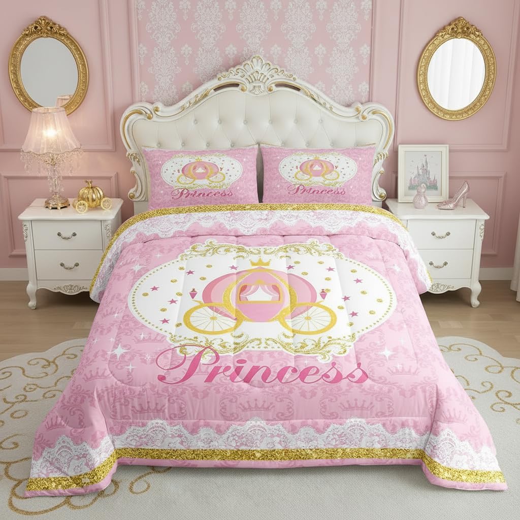 Homewish Girls Pink Theme Twin Size Comforter Set,Kids Carriage Decor All Season Bedding Set,Teens Princess Style Comforter,Children Cute Cartoon Decor Quilt Set Bedroom Collection 2Pcs