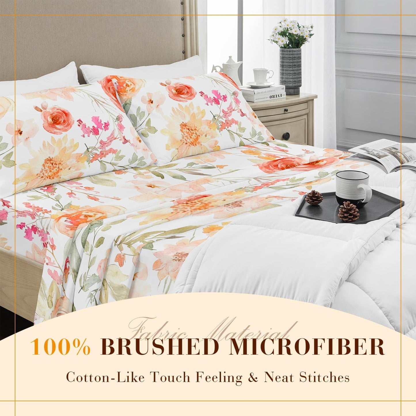 YIYEA Floral Sheets Queen Size, Premium Double Brushed Microfiber Bed Sheet Set for All Season, Soft Breathable, 16" Deep Pocket, Shrinkage and Fade Resistant, 4PC, Queen
