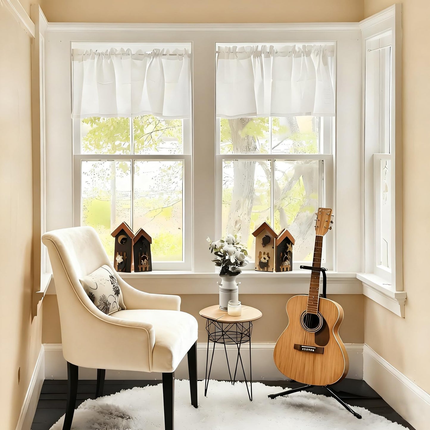 Home Queen White Waffle Bathroom Window Curtains, Water Repellent Rod Pocket Kitchen Drapes for Small Window, 2 Panels, 24 W X 24 L Inch Each