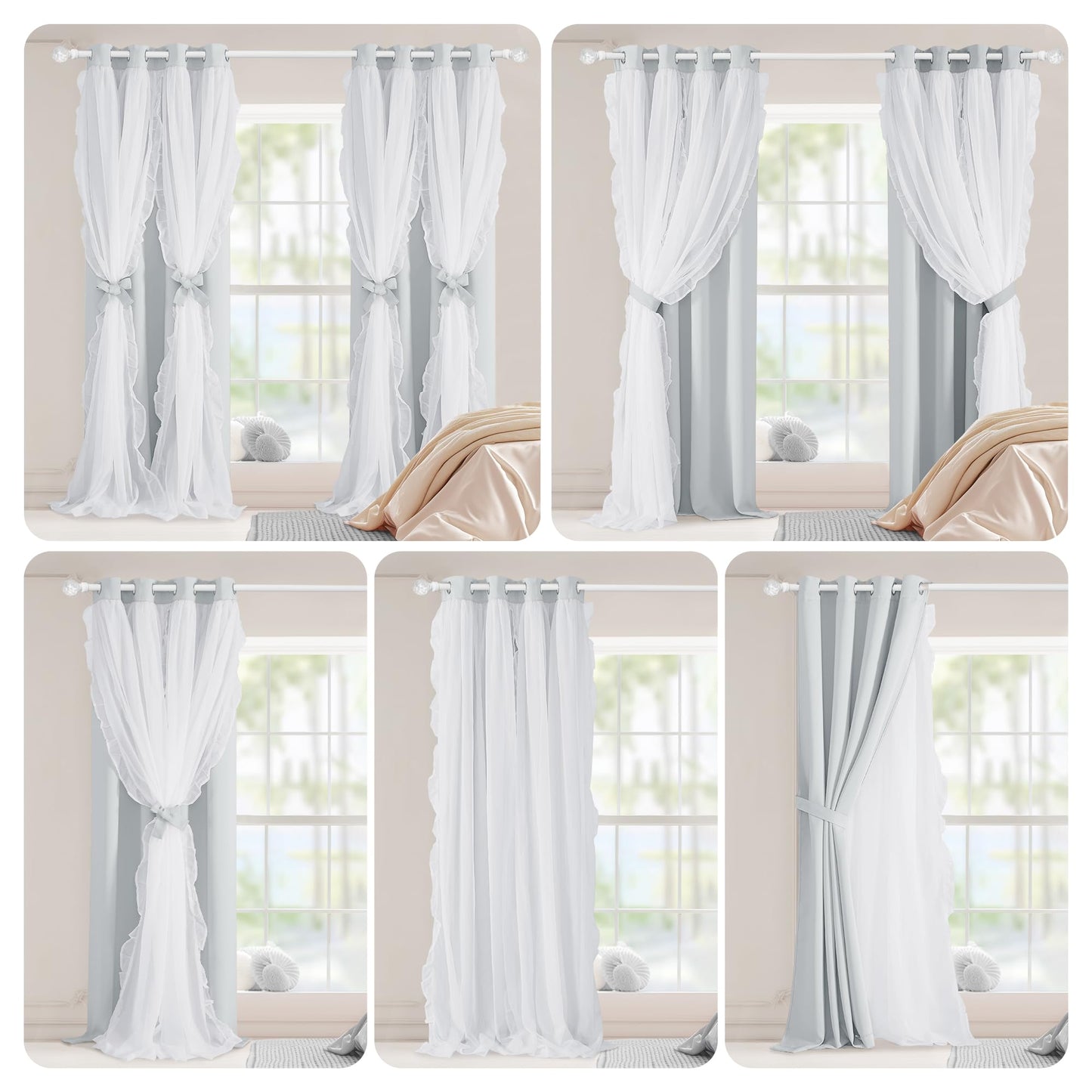 PONY DANCE Shabby Chic Curtains for Bedroom Double Layer White Ruffle Sheer Overlay with Tiebacks French Country Drapes for Bedroom Decor, 52" W x 84" L, Greyish White, 2 Pieces