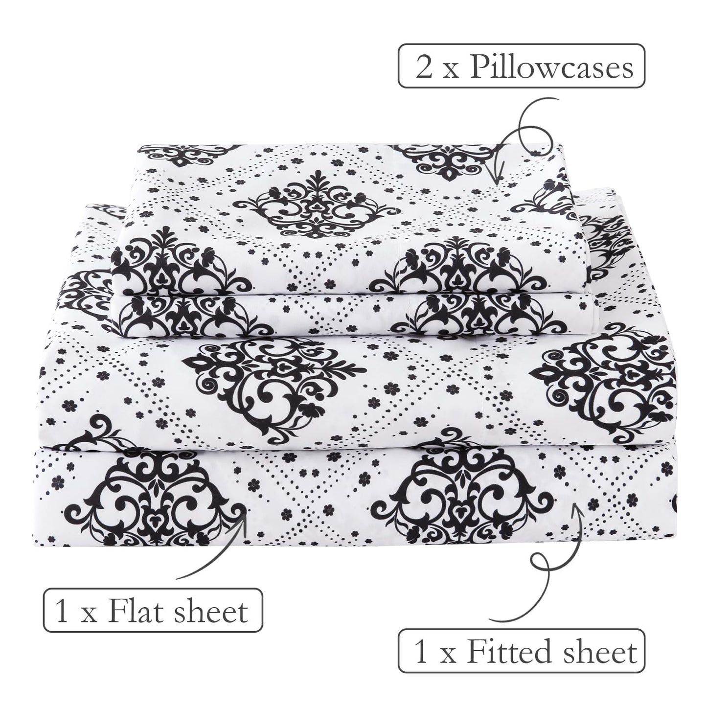 ChicView King Size Damask Printed Sheet Set,4 Pieces Boho Style Breathable Soft Microfiber Bedsheets, Anti Pilling Deep Pockets Easy Care Bed Sheets, Black