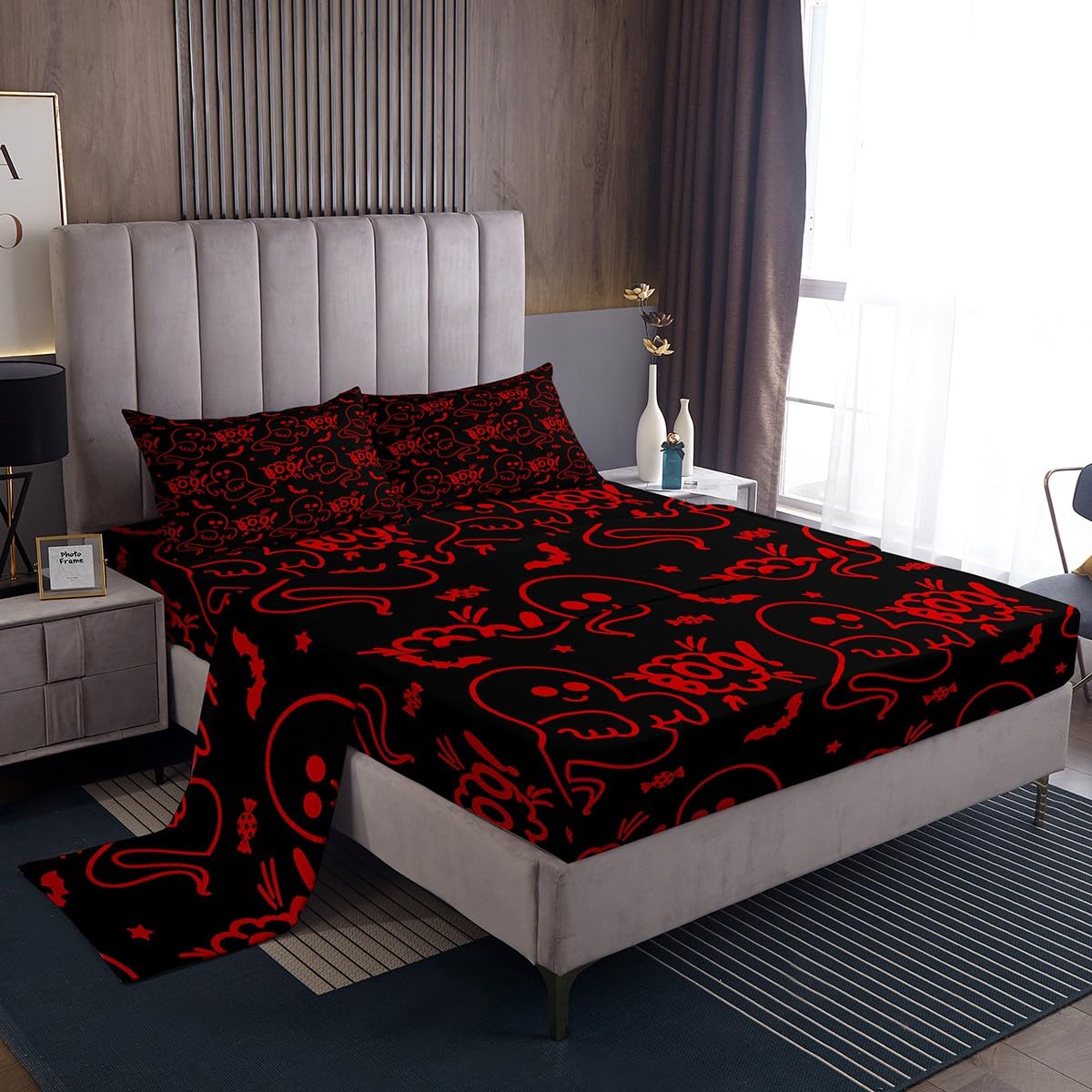Feelyou Halloween Sheets Set Cartoon Ghost Twin Size Bedding Set Decoration for Kids Boys Girls Red Fitted Sheet Ghost Festival Themed Bed Sheet Set Collection
